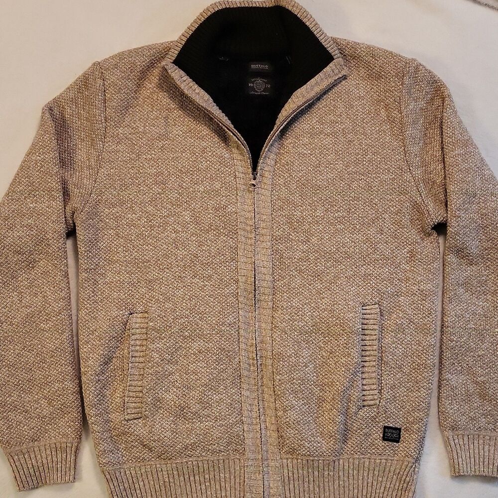Buffalo David Bitton Beige Tight-Knit Full Zip Mock Neck Sweater Men's Size L